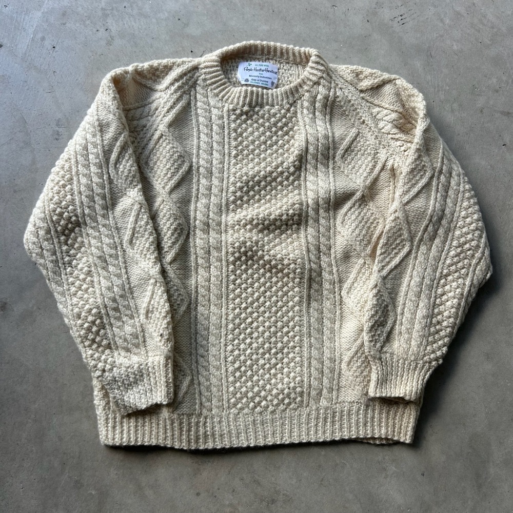 Vintage Purple Heather Handknit Irish Wool Aran Fisherman Sweater Cream Moriarty